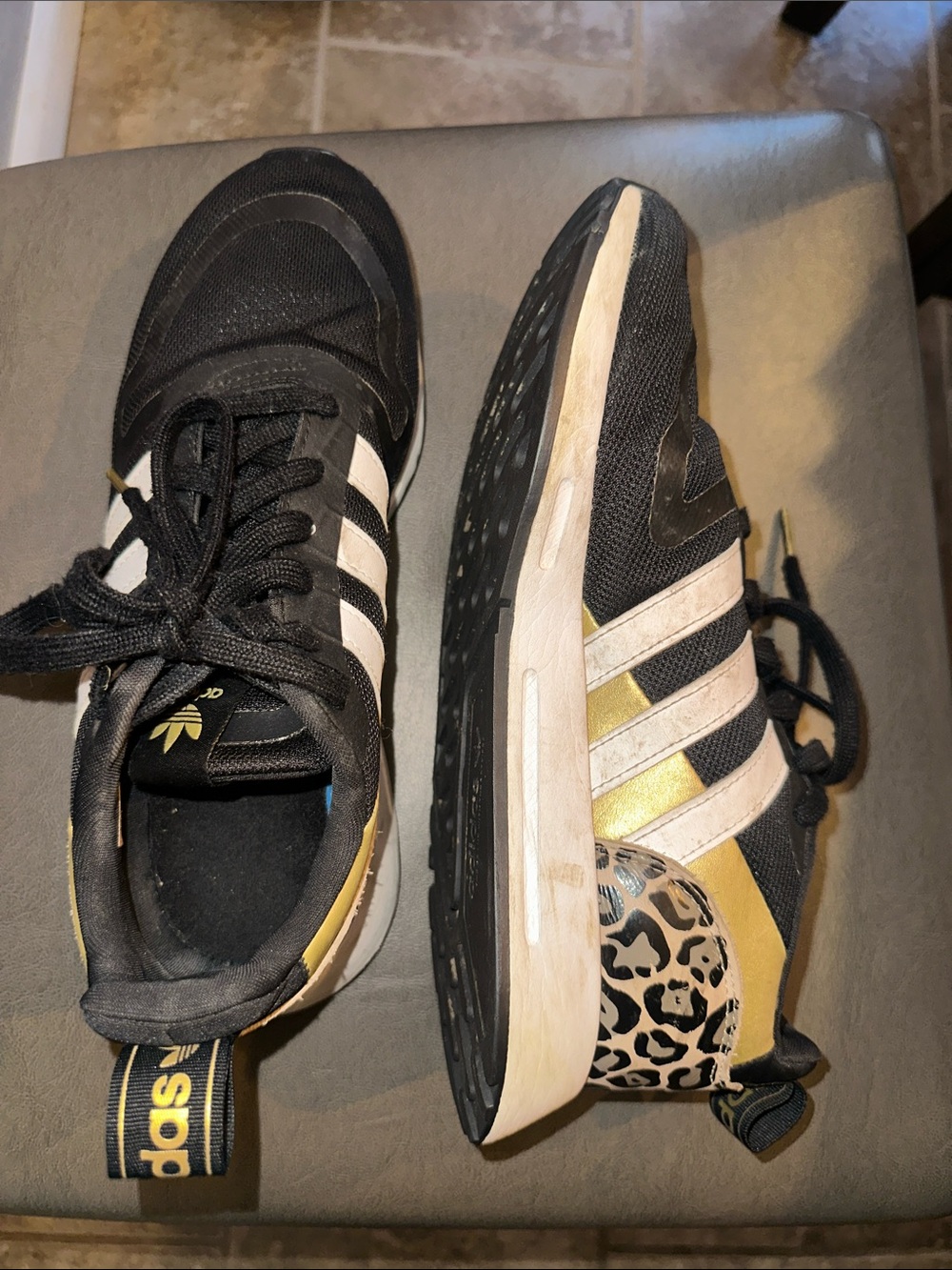 adidas Women's Black, White & Gold Low-Top Sneakers with Leopard Heel